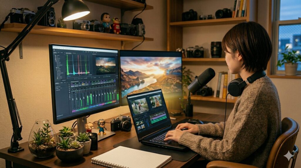 夜パソコンに向かう女性